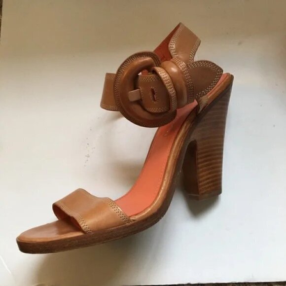 Via Spiga Tan Leather Heeled Buckle Sandals Size 9.5 - Picture 2 of 7